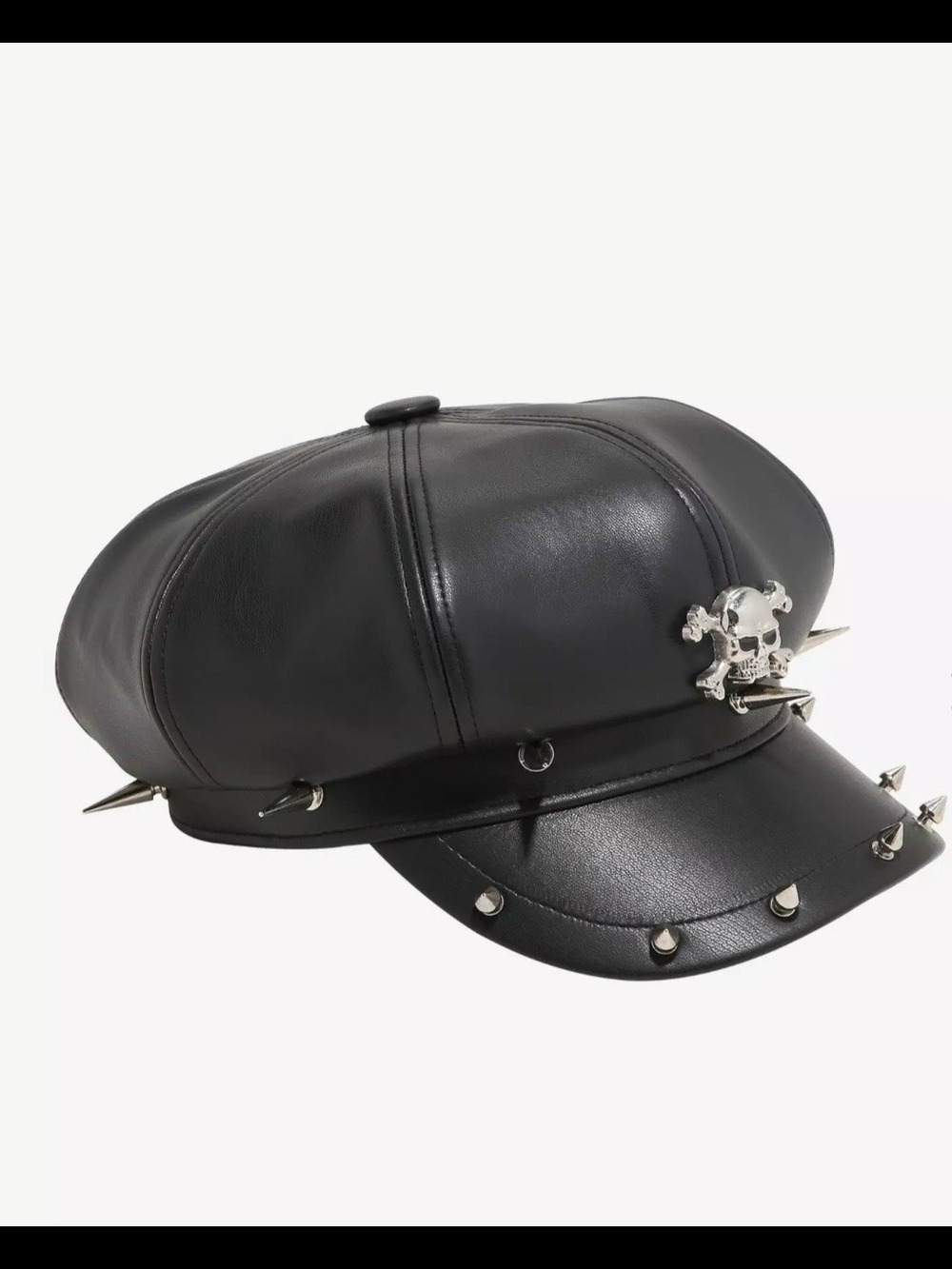 Black Faux Leather Spiked Newsboy Cap with Silver Skull Accent